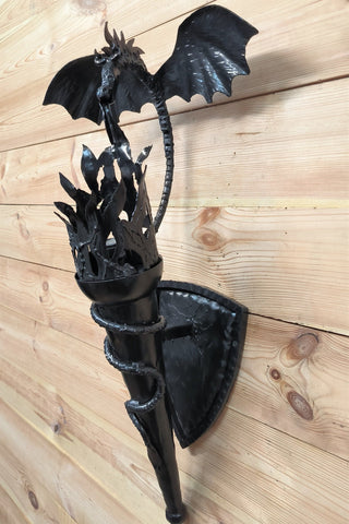 Wall light, Dragon light fixture, black metal sconce, dragon torch sconces