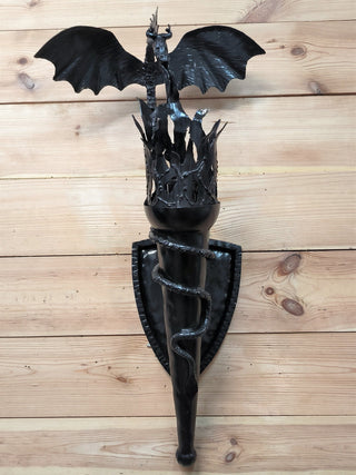 Wall light, Dragon light fixture, black metal sconce, dragon torch sconces