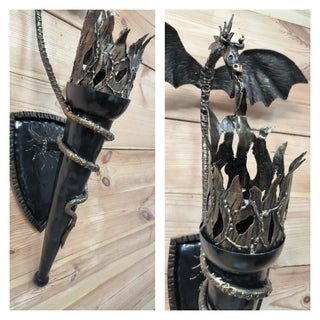 Dragon Torch Sconce: Black Metal Wall Light Fixture