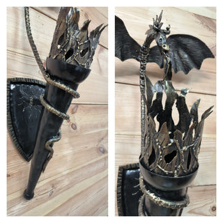 Wall light, Dragon light fixture, black metal sconce, dragon torch sconces