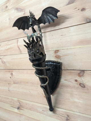 Dragon Torch Sconce: Black Metal Wall Light Fixture
