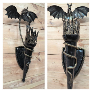 Dragon Torch Sconce: Black Metal Wall Light Fixture