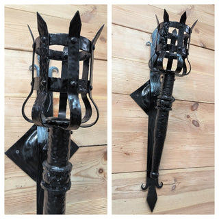 Wrought Iron Torch Sconce: Medieval Black Wall Lamp