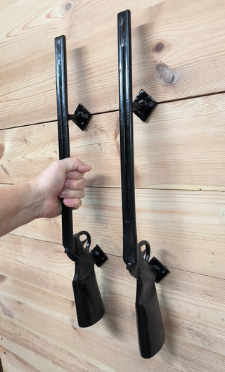 A pair of door handles, Shotgun, Rifle, Gun, The hunter's door handles, Barn door handle, Front door handle, Metal handle, Door decor