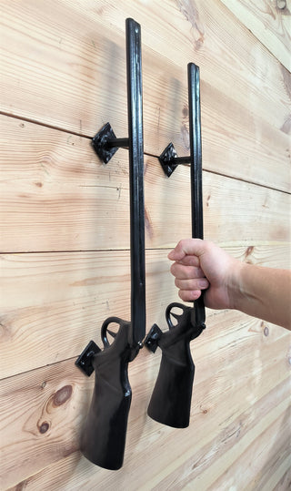 A pair of door handles, Shotgun, Rifle, Gun, The hunter's door handles, Barn door handle, Front door handle, Metal handle, Door decor