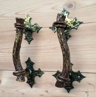 Hand Forged Metal Barn Door Handles: Branch Design, Gold Finish (Pair)