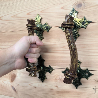 Hand Forged Metal Barn Door Handles: Branch Design, Gold Finish (Pair)