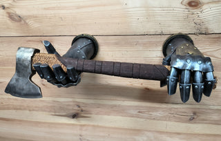 Handmade Knight Hands Axe Holder: Iron Wall Decor