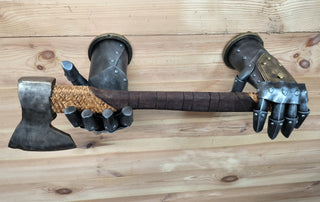 Handmade Knight Hands Axe Holder: Iron Wall Decor