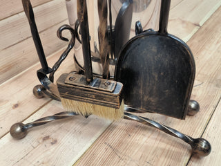 Hand Forged Fireplace Tool Set: Ash Bucket, Poker, Shovel, Broom