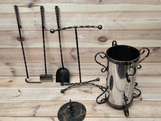 Hand Forged Fireplace Tool Set: Ash Bucket, Poker, Shovel, Broom