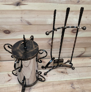 Hand Forged Fireplace Tool Set: Ash Bucket, Poker, Shovel, Broom