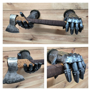 Axe Wall Holder, Hands, Axe stand, Knight Hands Armor, Axe holder, Handmade metal holder, Iron axe holder, Hammer Holder, Wall Decor