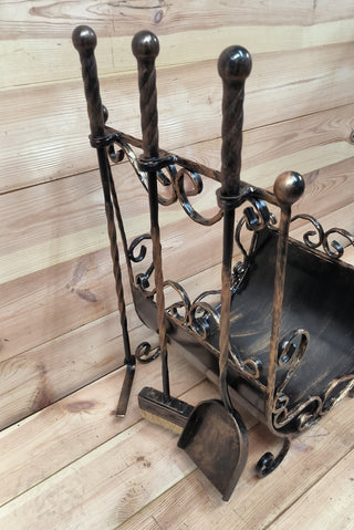 Hand Forged Fireplace Tool Set with Firewood Holder