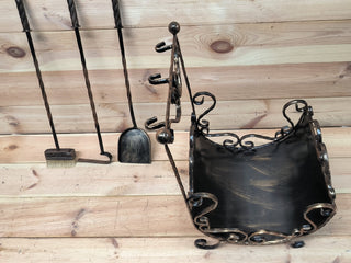 Hand Forged Fireplace Tool Set with Firewood Holder