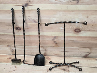 Hand Forged Fireplace Tool Set with Stand: 3-Piece Fireplace Gift