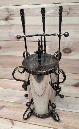 Hand Forged Fireplace Tool Set: Ash Bucket, Poker, Shovel, Broom
