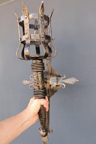 Metal wrought iron sconce, Torch wall lamp, Medieval style light fixture