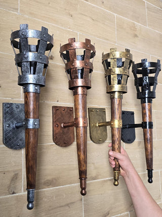 Rustic Medieval Wall Torch Sconce Light. Handcrafted Vintage Iron & Wood Decor. Unique Home Lighting in 4 Finishes