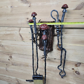 Hand-Forged Mushroom Fireplace Tool Set – Toadstool Fire Tools with Tree Trunk Wall Mount, Whimsical Woodland Decor