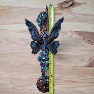 Hand-Forged Wrought Iron Dragonfly Door Handle: Rustic Oak Branch Pull