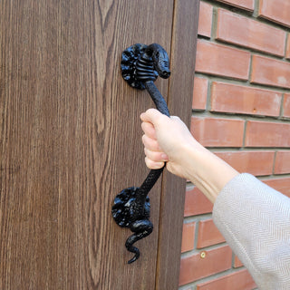 Artistic serpent iron door pull with detailed head and scales