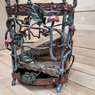 Hand-Forged Firewood Rack with Mushrooms, Firewood storage basket, Wrought Iron Firewood Holder, Fireplace, Mushroom Decor Wood Holder