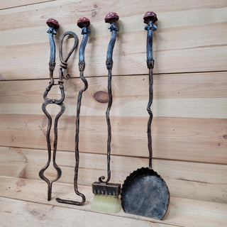 Mushroom Fireplace Tool Set – Hand-Forged Wrought Iron Fairy Tale Decor with Red Toadstool Handles