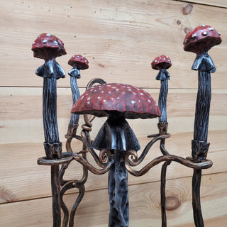 Mushroom Fireplace Tool Set – Hand-Forged Wrought Iron Fairy Tale Decor with Red Toadstool Handles