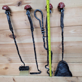 Hand-Forged Mushroom Fireplace Tool Set – Toadstool Fire Tools with Tree Trunk Wall Mount, Whimsical Woodland Decor