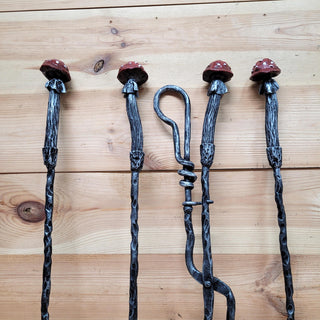 Hand-Forged Mushroom Fireplace Tool Set – Toadstool Fire Tools with Tree Trunk Wall Mount, Whimsical Woodland Decor