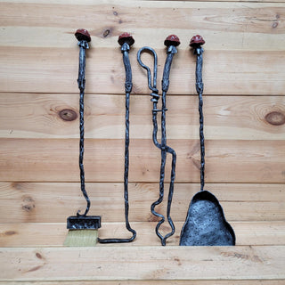 Hand-Forged Mushroom Fireplace Tool Set – Toadstool Fire Tools with Tree Trunk Wall Mount, Whimsical Woodland Decor