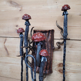 Hand-Forged Mushroom Fireplace Tool Set – Toadstool Fire Tools with Tree Trunk Wall Mount, Whimsical Woodland Decor