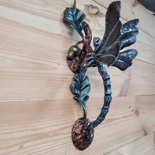 Vintage style iron door pull with dragonfly and oak leaf