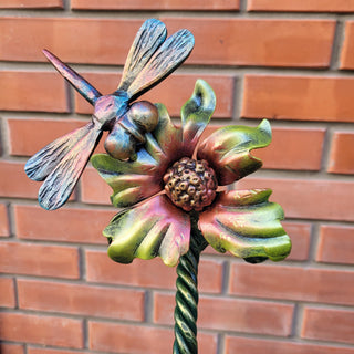 Hand-forged dragonfly door handle with flower design