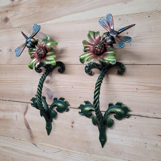 Wrought iron dragonfly handle painted in vibrant colors