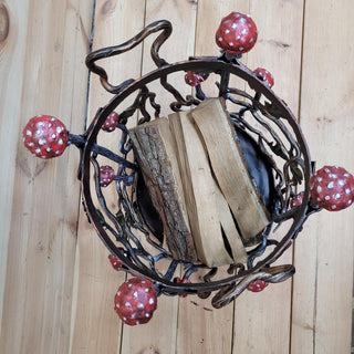 Hand-Forged Firewood Rack with Mushrooms, Firewood storage basket, Wrought Iron Firewood Holder, Fireplace, Mushroom Decor Wood Holder