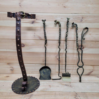 Forged Fireplace Tool Set with Dog Heads – Leash & Collar Stand – Handmade Iron Fire Tools – Rustic Dog Lover Gift