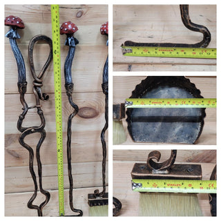 Mushroom Fireplace Tool Set – Hand-Forged Wrought Iron Fairy Tale Decor with Red Toadstool Handles