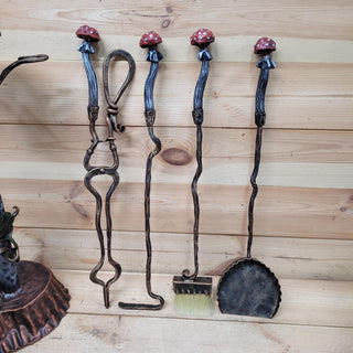 Mushroom Fireplace Tool Set – Hand-Forged Wrought Iron Fairy Tale Decor with Red Toadstool Handles