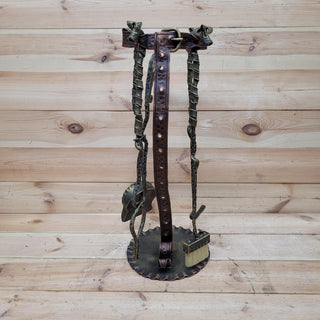 Forged Fireplace Tool Set with Dog Heads – Leash & Collar Stand – Handmade Iron Fire Tools – Rustic Dog Lover Gift