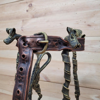 Forged Fireplace Tool Set with Dog Heads – Leash & Collar Stand – Handmade Iron Fire Tools – Rustic Dog Lover Gift