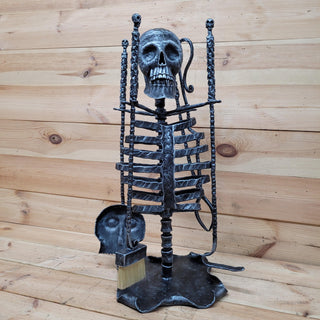 Skull Fireplace Tool Set – Hand Forged Iron Skeleton Ribcage Stand – Gothic, Halloween, Horror Home Decor, Haunted House Tools