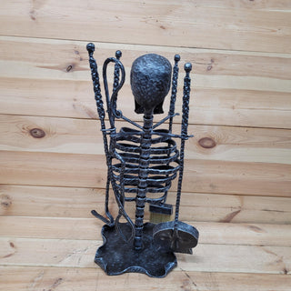 Skull Fireplace Tool Set – Hand Forged Iron Skeleton Ribcage Stand – Gothic, Halloween, Horror Home Decor, Haunted House Tools