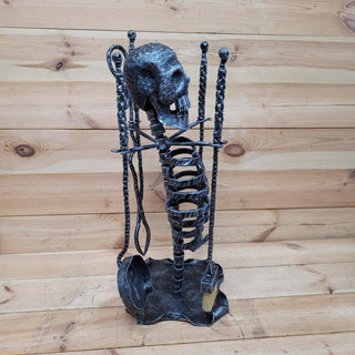 Skull Fireplace Tool Set – Hand Forged Iron Skeleton Ribcage Stand – Gothic, Halloween, Horror Home Decor, Haunted House Tools