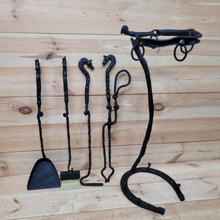Horse Fireplace Tool Set – Hand Forged Wrought Iron Fire Tools – Equestrian Decor with Horse Head Handles – Rustic Barn Style Gift