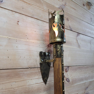 Medieval Wall Torch Sconce Light, Rustic Flame Lantern, Viking Style Wall Mount Lamp, Iron & Wood Torch Light, Tavern or Cosplay Decor