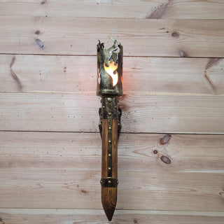 Medieval Wall Torch Sconce Light, Rustic Flame Lantern, Viking Style Wall Mount Lamp, Iron & Wood Torch Light, Tavern or Cosplay Decor