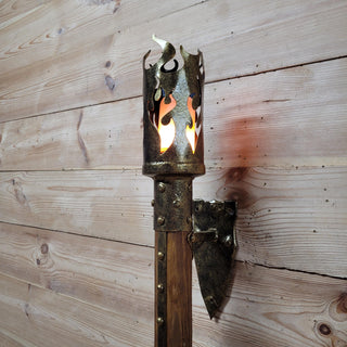 Medieval Wall Torch Sconce Light, Rustic Flame Lantern, Viking Style Wall Mount Lamp, Iron & Wood Torch Light, Tavern or Cosplay Decor