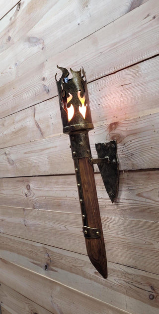 Medieval Wall Torch Sconce Light, Rustic Flame Lantern, Viking Style Wall Mount Lamp, Iron & Wood Torch Light, Tavern or Cosplay Decor